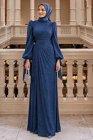 Drape Detaylı Lacivert Tesettür Abiye Elbise 52285L 