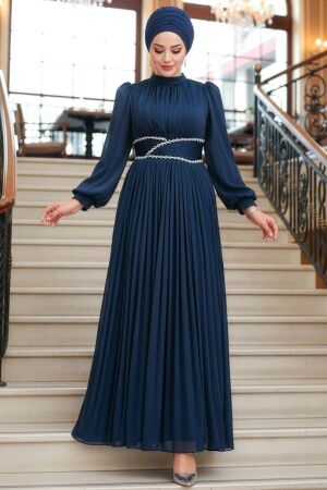  Drape Detaylı Lacivert Tesettür Abiye Elbise 54041L 