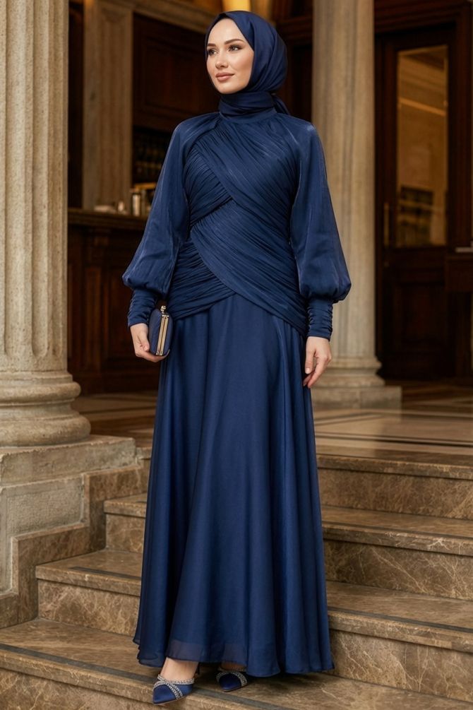 Drape Detaylı Lacivert Tesettür Abiye Elbise 55821L - 1