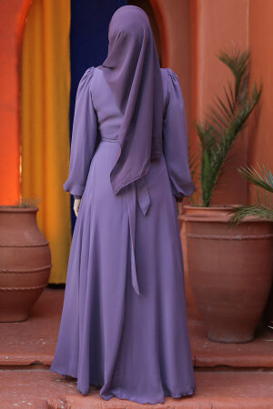 Drape Detaylı Lila Tesettür Abiye Elbise 4448LILA - 2