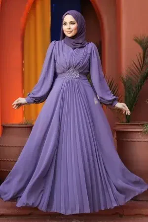 Drape Detaylı Lila Tesettür Abiye Elbise 4448LILA 