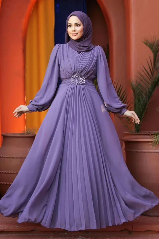 Drape Detaylı Lila Tesettür Abiye Elbise 4448LILA - 1