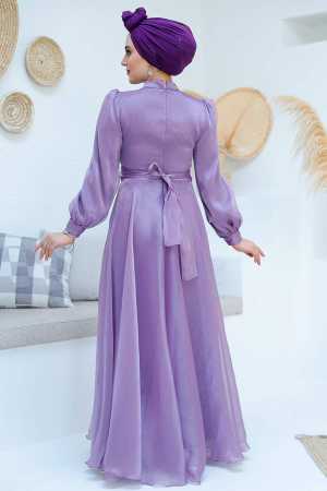  Drape Detaylı Lila Tesettür Abiye Elbise 45701LILA - 2