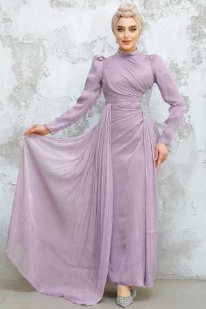 Drape Detaylı Lila Tesettür Abiye Elbise 4919LILA - 3