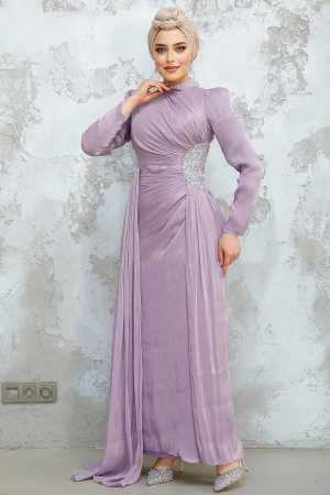 Drape Detaylı Lila Tesettür Abiye Elbise 4919LILA - 2