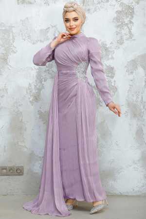 Drape Detaylı Lila Tesettür Abiye Elbise 4919LILA - 1