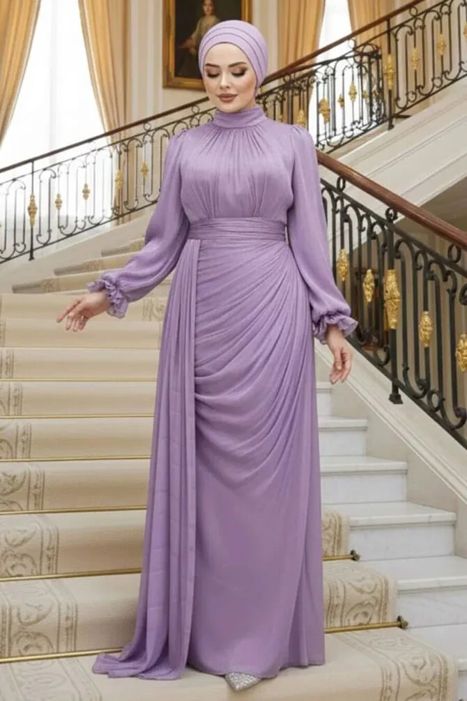 Drape Detaylı Lila Tesettür Abiye Elbise 4934LILA - 1