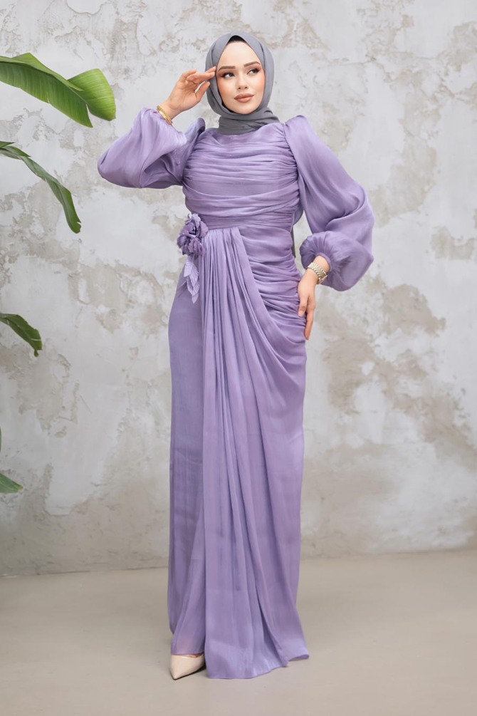 Drape Detaylı Lila Tesettür Abiye Elbise 51203LILA - 1