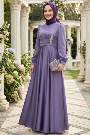 Drape Detaylı Lila Tesettür Saten Abiye Elbise 6261LILA 