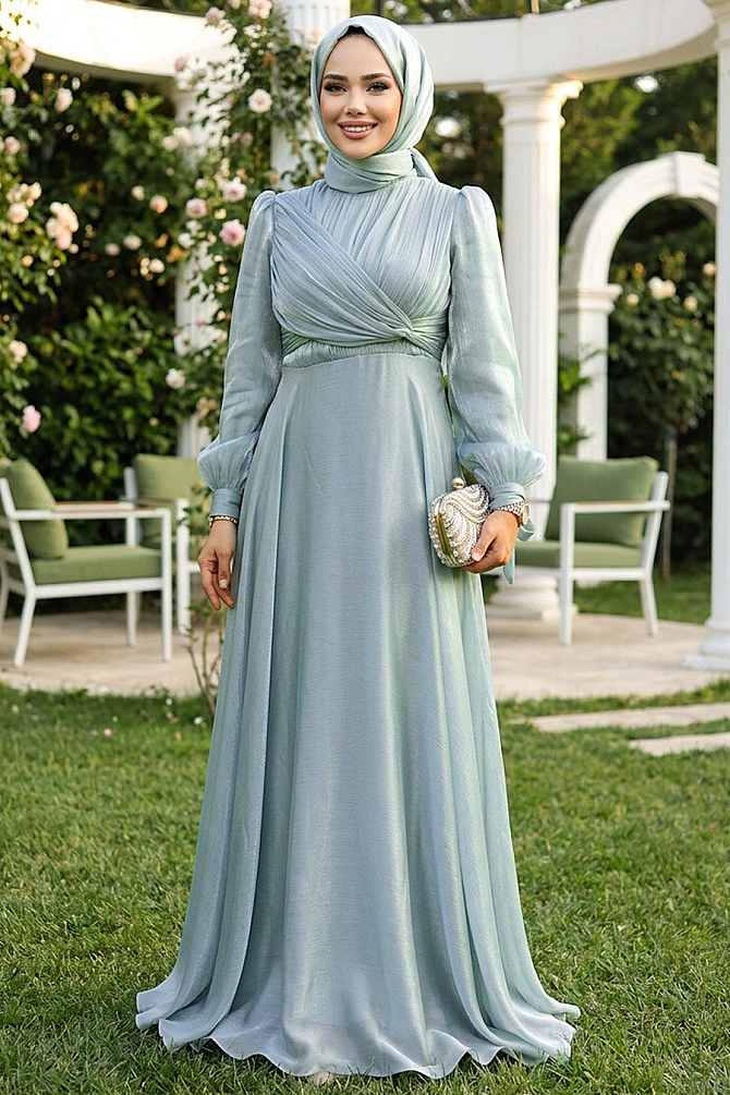  Drape Detaylı Mint Tesettür Abiye Elbise 4823MINT - 1