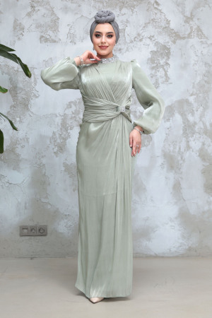Drape Detaylı Mint Tesettür Abiye Elbise 50581MINT - 3