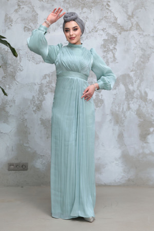 Drape Detaylı Mint Tesettür Abiye Elbise 50921MINT - 3