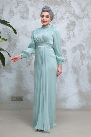 Drape Detaylı Mint Tesettür Abiye Elbise 50921MINT - 1