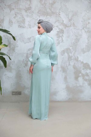 Drape Detaylı Mint Tesettür Abiye Elbise 50921MINT - 4