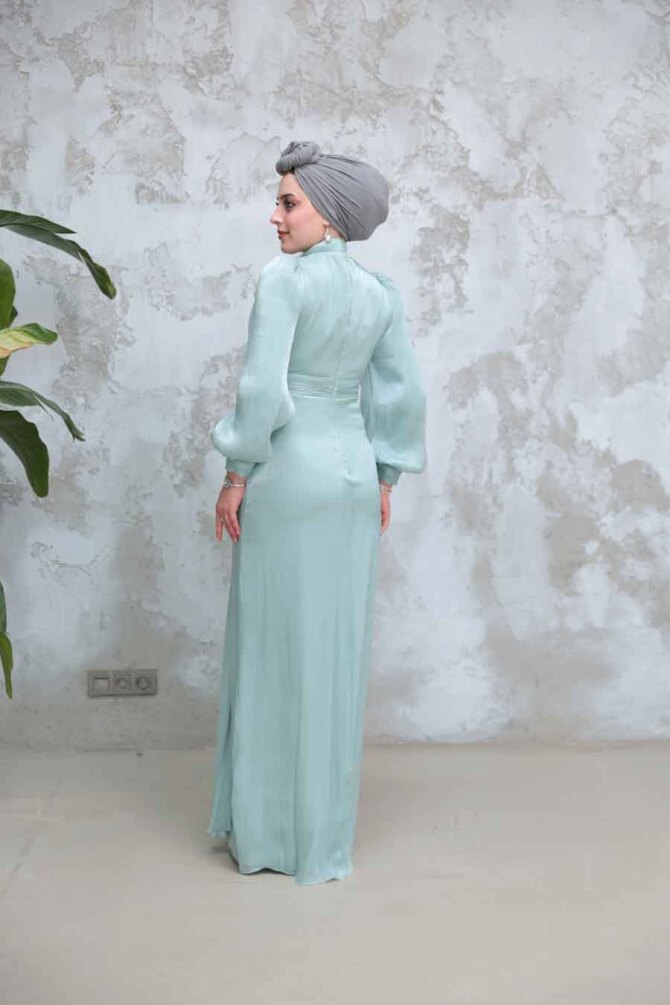 Drape Detaylı Mint Tesettür Abiye Elbise 50921MINT - 4