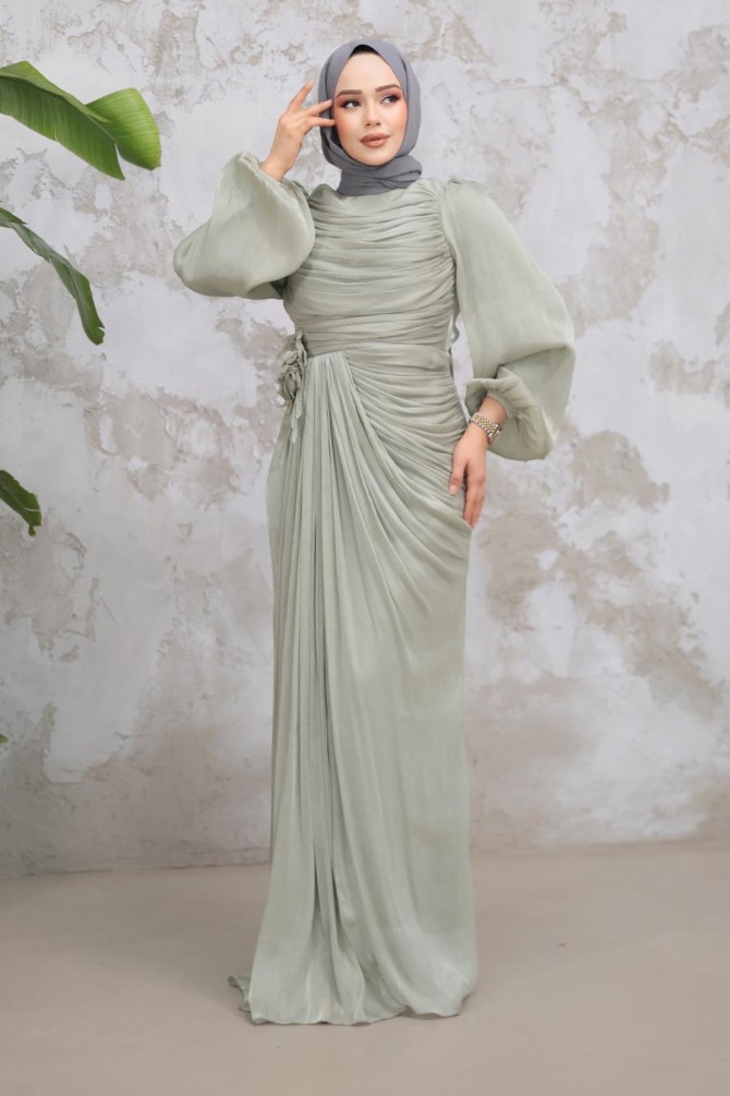  Drape Detaylı Mint Tesettür Abiye Elbise 51203MINT - 1