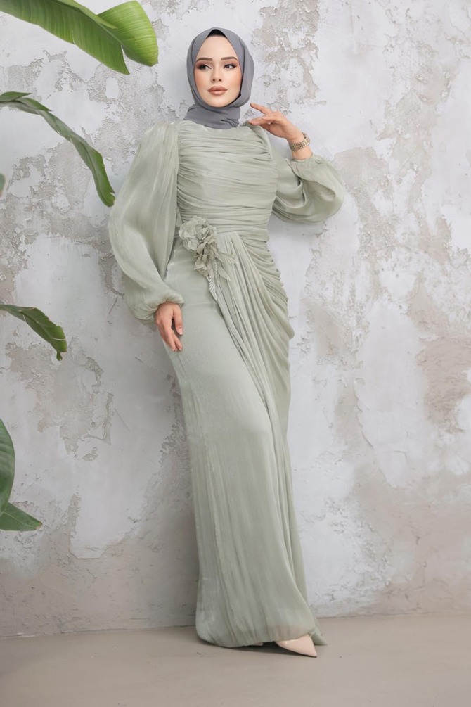  Drape Detaylı Mint Tesettür Abiye Elbise 51203MINT - 2