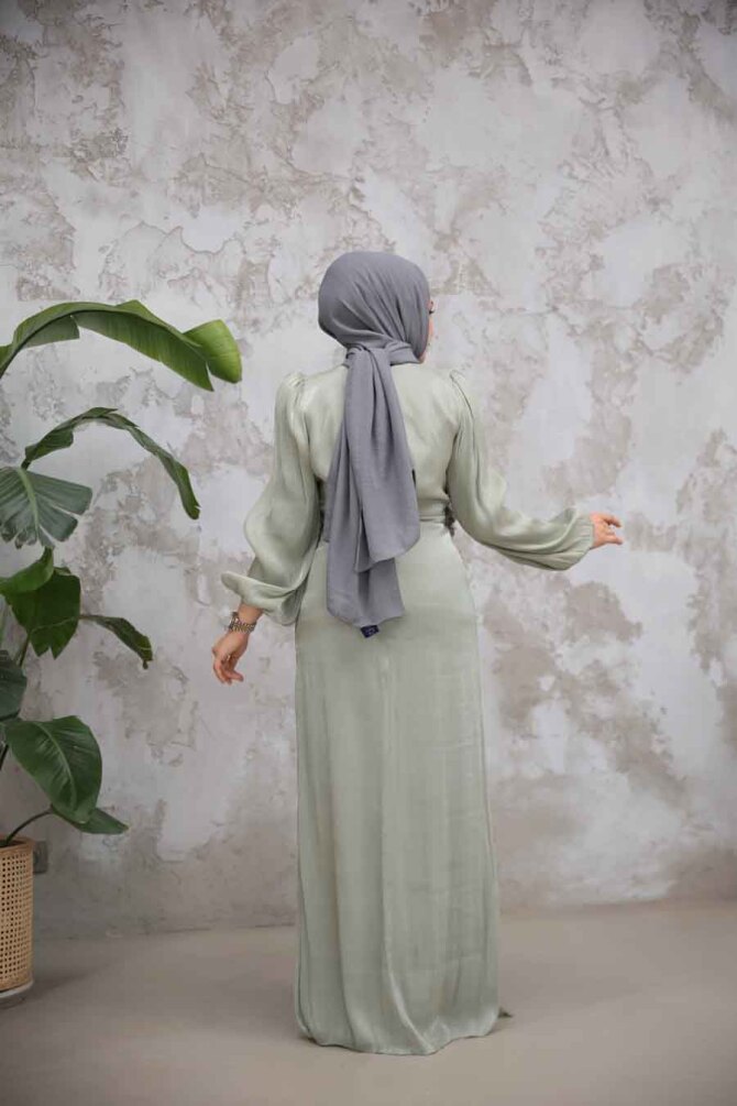  Drape Detaylı Mint Tesettür Abiye Elbise 51203MINT - 3