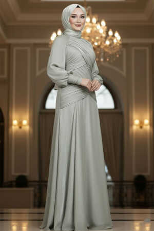 - Drape Detaylı Mint Tesettür Abiye Elbise 55821MINT 