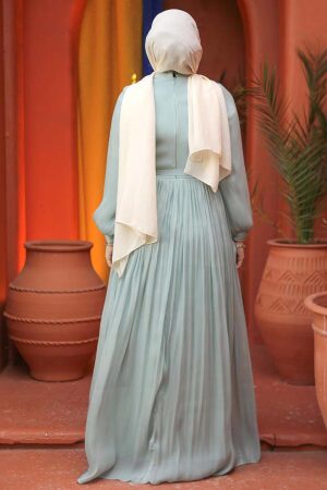Drape Detaylı Mint Tesettür Elbise 44591MINT - 4