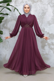Drape Detaylı Mürdüm Tesettür Abiye Elbise 4448MU - 1