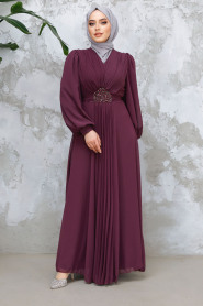 Drape Detaylı Mürdüm Tesettür Abiye Elbise 4448MU - 2