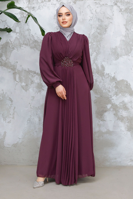 Drape Detaylı Mürdüm Tesettür Abiye Elbise 4448MU - 2