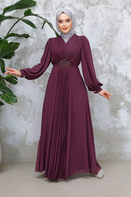 Drape Detaylı Mürdüm Tesettür Abiye Elbise 4448MU - 3