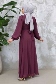 Drape Detaylı Mürdüm Tesettür Abiye Elbise 4448MU - 4