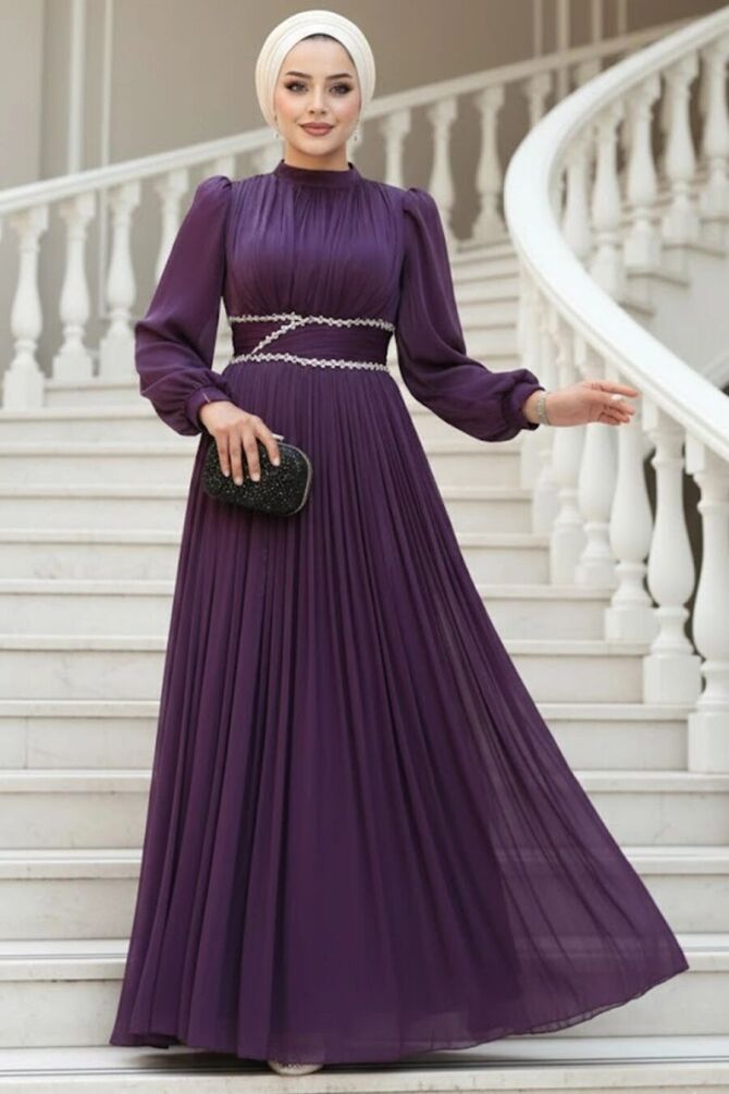 Drape Detaylı Mürdüm Tesettür Abiye Elbise 54041MU - 1