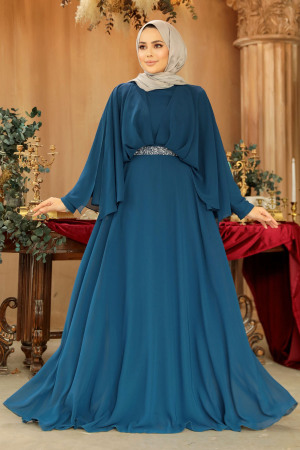 Drape Detaylı Petrol Mavisi Tesettür Abiye Elbise 25891PM - 1