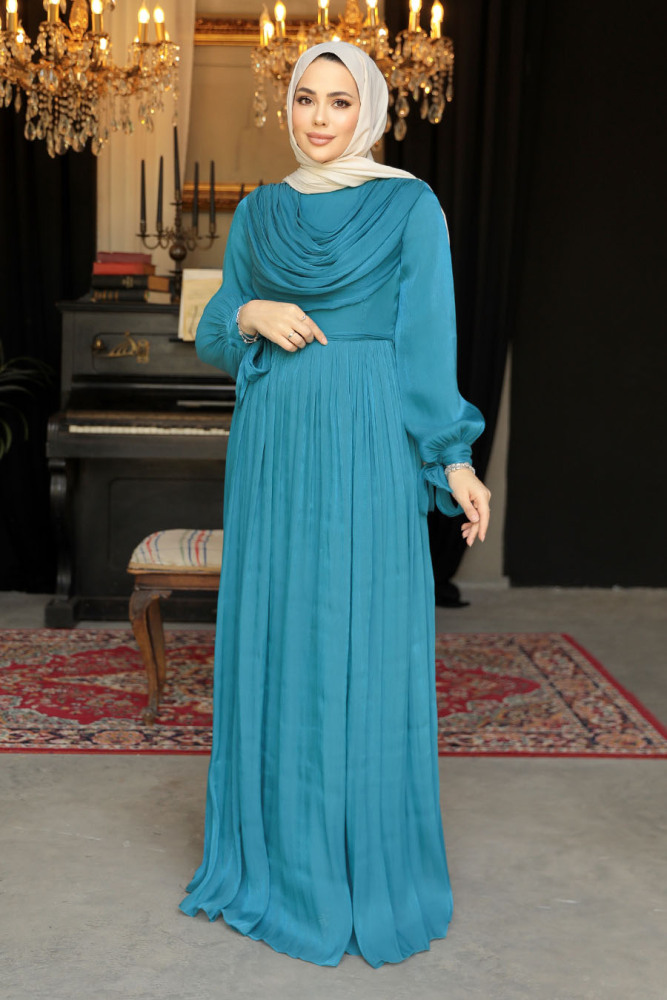 Drape Detaylı Petrol Yeşili Tesettür Elbise 44591PY - 1