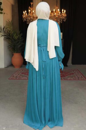 Drape Detaylı Petrol Yeşili Tesettür Elbise 44591PY - 2