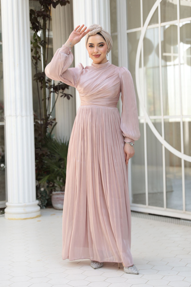 Drape Detaylı Pudra Tesettür Abiye Elbise 44081PD - 2