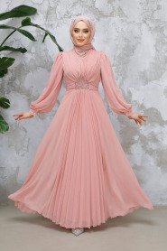 Drape Detaylı Pudra Tesettür Abiye Elbise 4448PD - 1