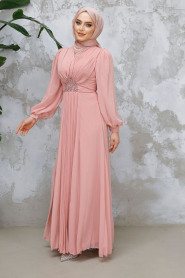 Drape Detaylı Pudra Tesettür Abiye Elbise 4448PD - 2