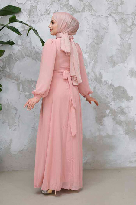 Drape Detaylı Pudra Tesettür Abiye Elbise 4448PD - 3