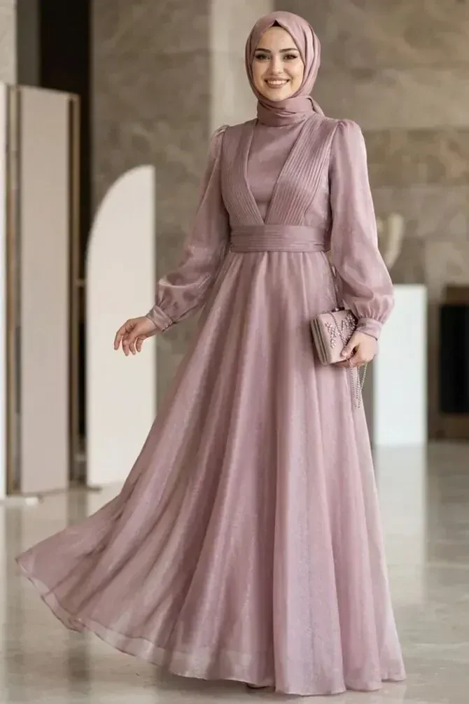 Drape Detaylı Pudra Tesettür Abiye Elbise 45701PD - 1