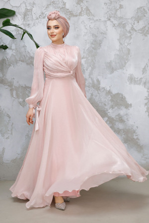  Drape Detaylı Pudra Tesettür Abiye Elbise 4823PD - 3