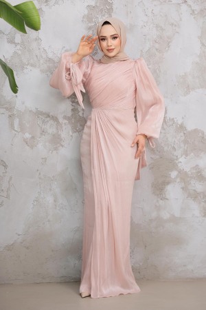 Drape Detaylı Pudra Tesettür Abiye Elbise 50193PD - 2