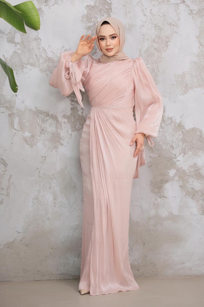 Drape Detaylı Pudra Tesettür Abiye Elbise 50193PD - 2