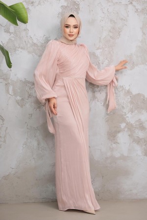 Drape Detaylı Pudra Tesettür Abiye Elbise 50193PD 