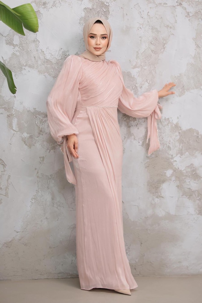 Drape Detaylı Pudra Tesettür Abiye Elbise 50193PD - 1