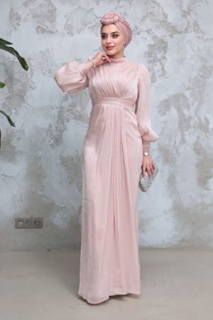 Drape Detaylı Pudra Tesettür Abiye Elbise 50921PD 