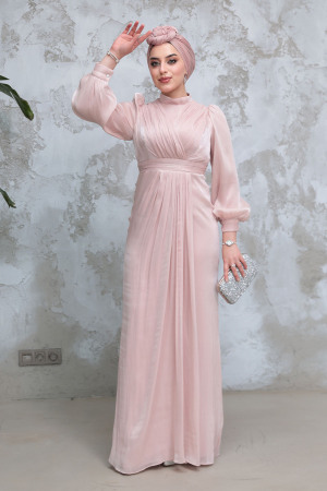 Drape Detaylı Pudra Tesettür Abiye Elbise 50921PD - 2