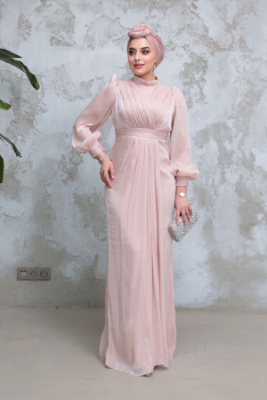 Drape Detaylı Pudra Tesettür Abiye Elbise 50921PD - 3