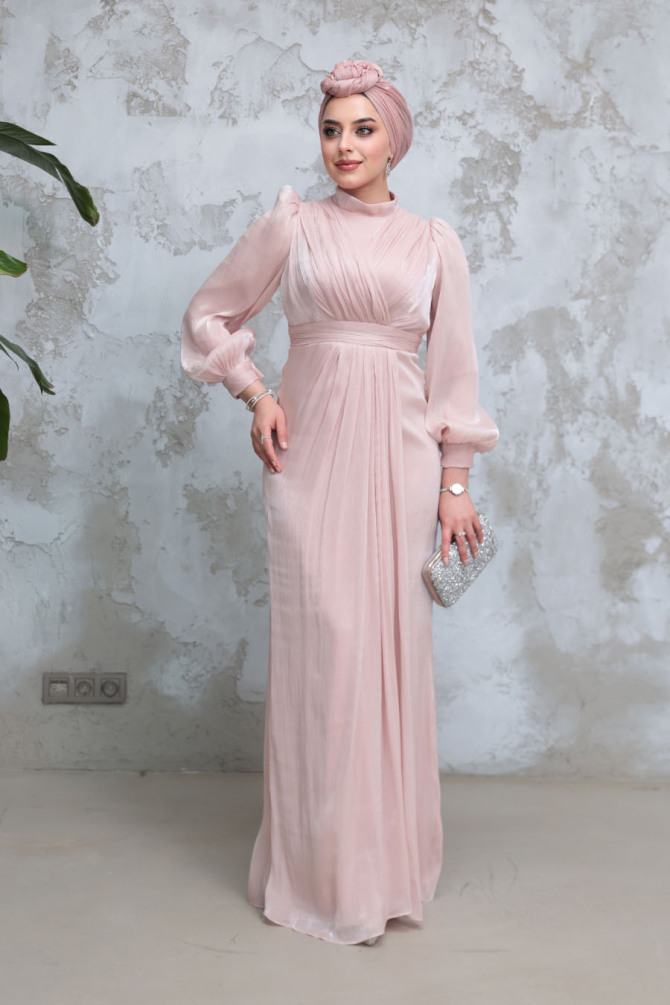 Drape Detaylı Pudra Tesettür Abiye Elbise 50921PD - 3