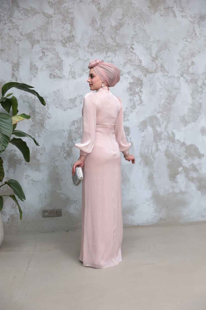 Drape Detaylı Pudra Tesettür Abiye Elbise 50921PD - 4