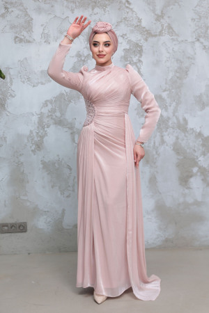 Drape Detaylı Pudra Tesettür Abiye Elbise 51481PD - 2