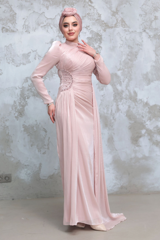 Drape Detaylı Pudra Tesettür Abiye Elbise 51481PD - 3